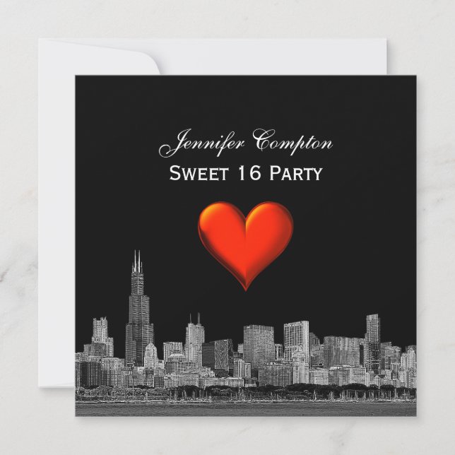 Convite Chicago Skyline Etch DIY BG Red Heart SQ Sweet 16 (Frente)