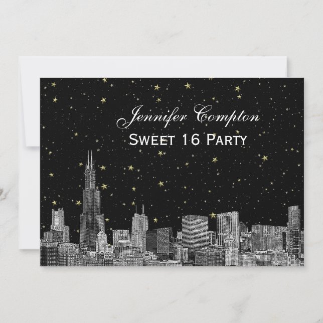 Convite Chicago Skyline Etch Estrela DIY BG SQ Doce 16 H (Frente)