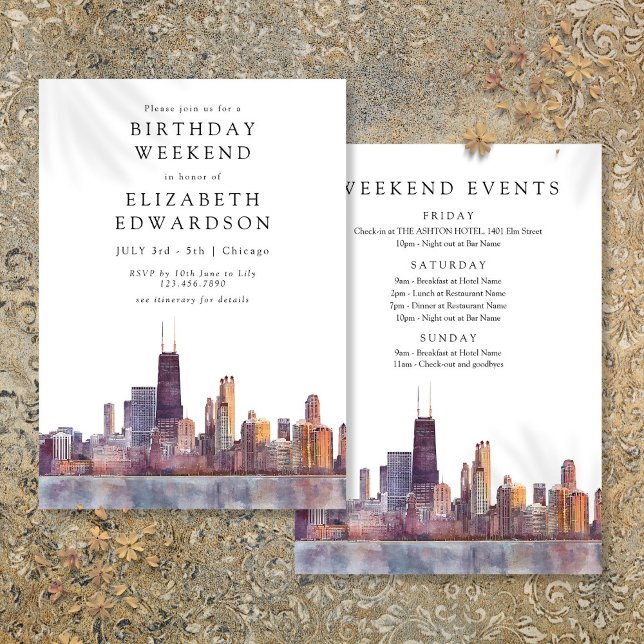 Convite Chicago Skyline Watercolor Birthday Weekend (Chicago Skyline Watercolor Birthday Weekend Invitation)