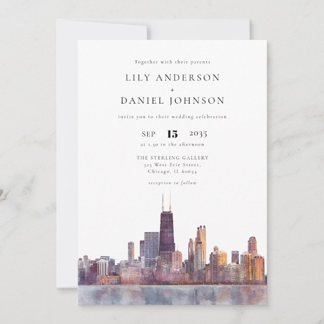Convite Chicago Skyline Watercolor QR Code Wedding (Frente)
