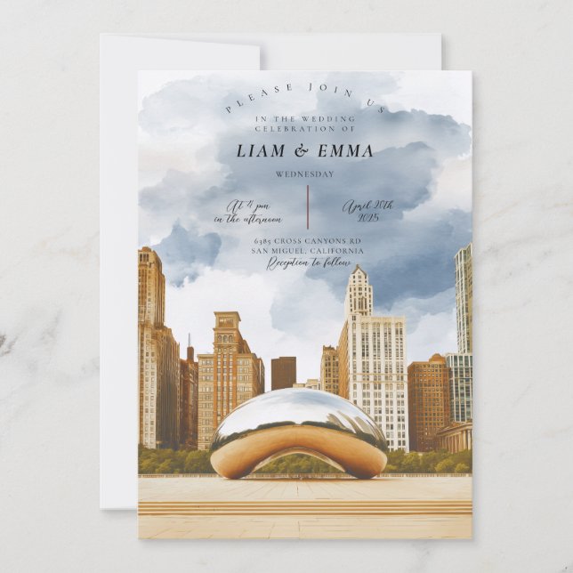 Convite Chicago Skyline Wedding Invitation (Frente)