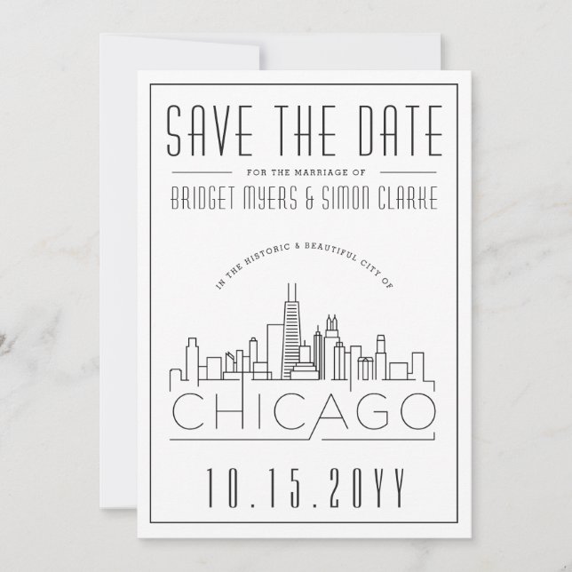 Convite Chicago Wedding | Skyline Estilizado Salvar a Data (Frente)