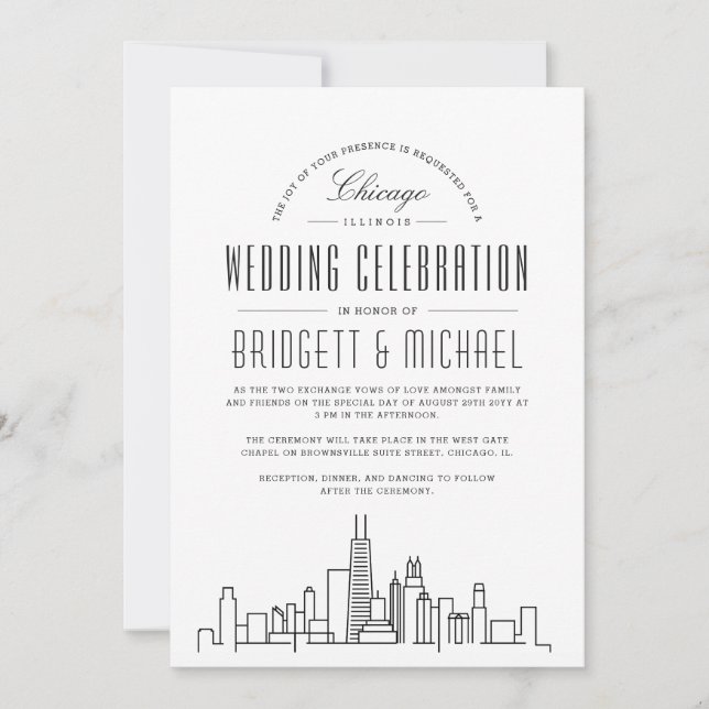 Convite Chicago Wedding | Skyline Moderno Deco (Frente)