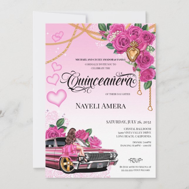 Convite Chicana Lowrider Chola Quinceanera Rosa (Frente)
