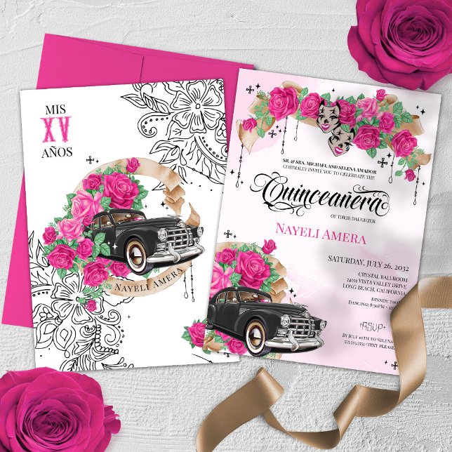 Convite Chicana Lowrider Rosa Rosa Chola Quinceanera (Criador carregado)