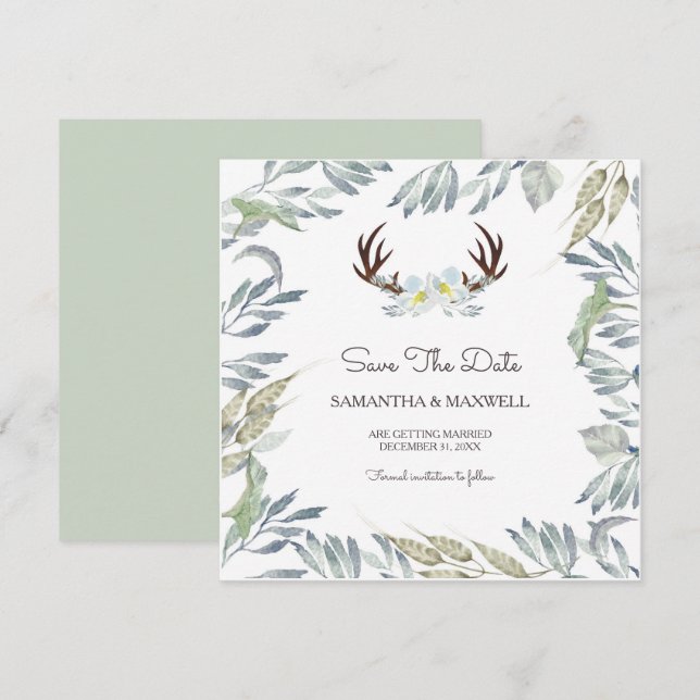 Convite Chifre de veado & Save the Date com folhagens, Azu (Frente/Verso)