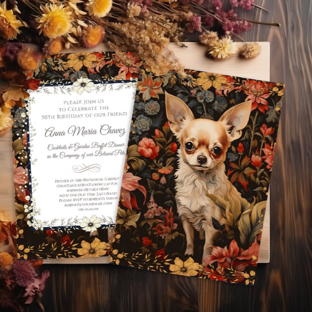 Convite Chihuahua com Flores no Estilo de William Morris (Criador carregado)