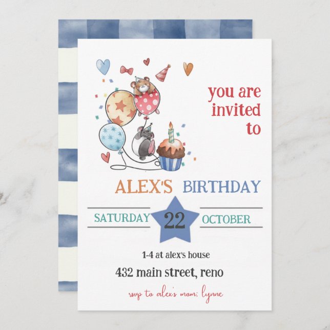 Convite Child Birthday Invitation with Hedgehog (Frente/Verso)