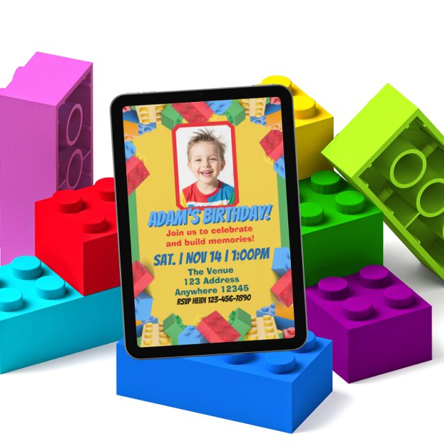 Convite Children's Block Building Picture Birthday  (Criador carregado)