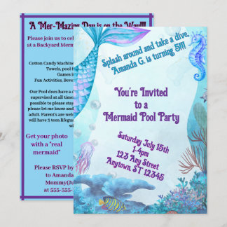 Convite Child's Mermaid Birthday Double Sided Invitation