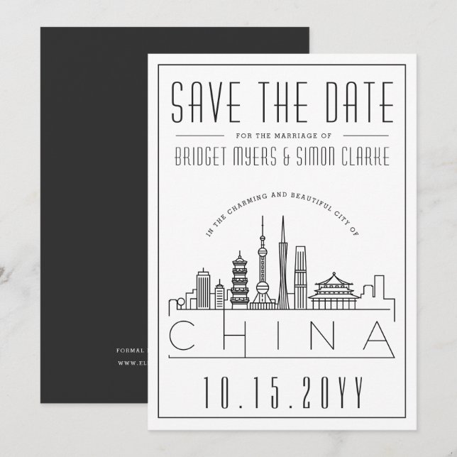 Convite China Noivado Silhueta Estilizada Salvar a Data (Frente/Verso)