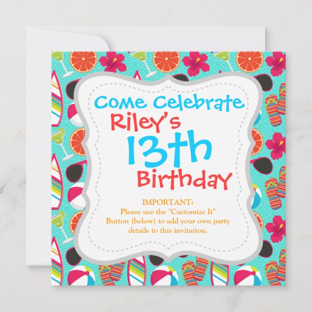 Convite Chinelos do Partido da Praia Óculos de sol Bola de (Frente)