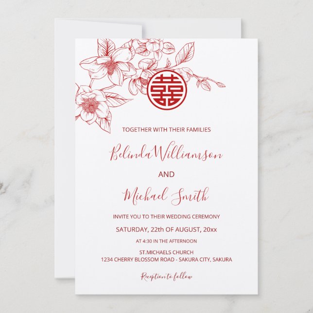 Convite Chinês Bilingue | Casamento Branco Magnólia Chinês (Frente)