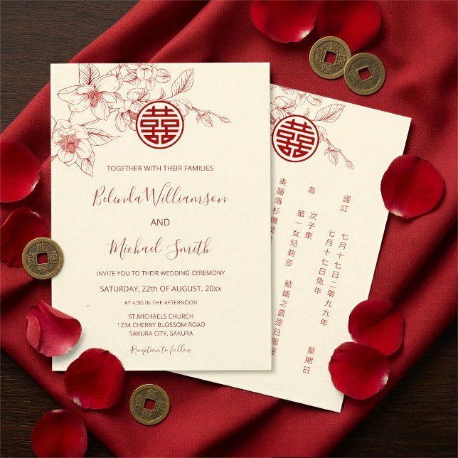 Convite Chinês Bilíngue | Casamento Chinês Creme Magnólia (Criador carregado)