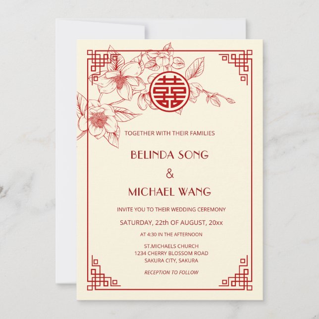 Convite Chinese Bilingual | Magnolia Cream Chinese Wedding (Frente)