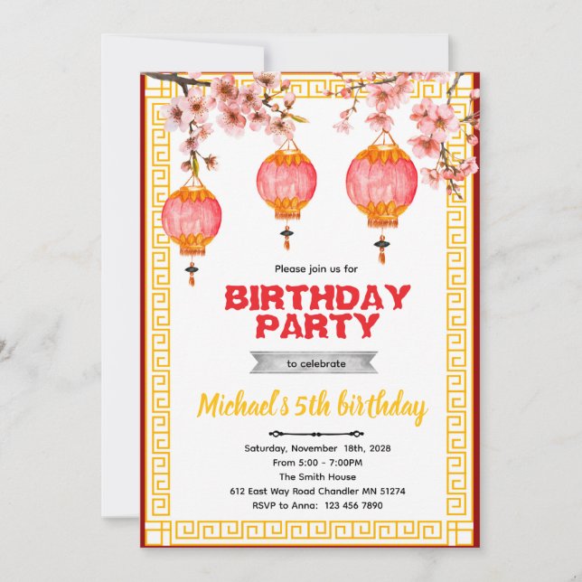Convite Chinese Birthday party Invitation  (Frente)