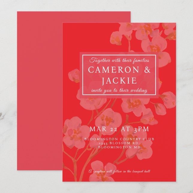 Convite Chinese Cherry Blossom Pink Wedding (Frente/Verso)