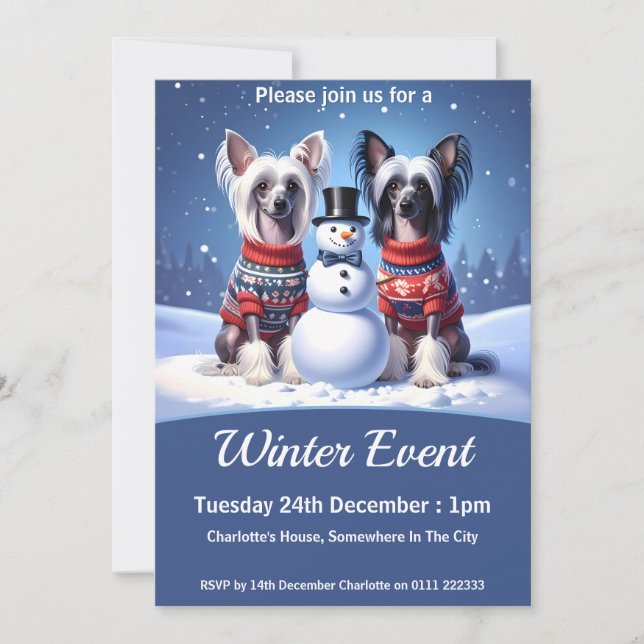 Convite Chinese Crested Dogs & Snowman (Frente)