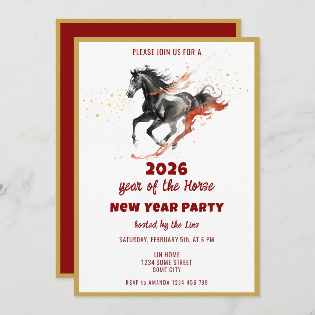 Convite Chinese New Year 2026 Horse Ink New Year Party (Frente/Verso)