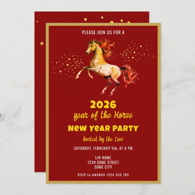 Convite Chinese New Year 2026 Horse Ink New Year Party (Frente/Verso)