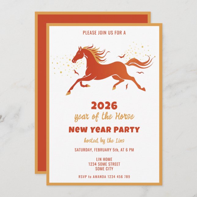 Convite Chinese New Year 2026 Horse Ink New Year Party (Frente/Verso)