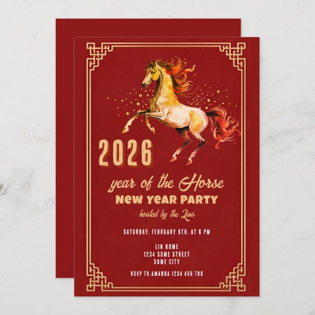 Convite Chinese New Year 2026 Horse New Year Party (Frente/Verso)