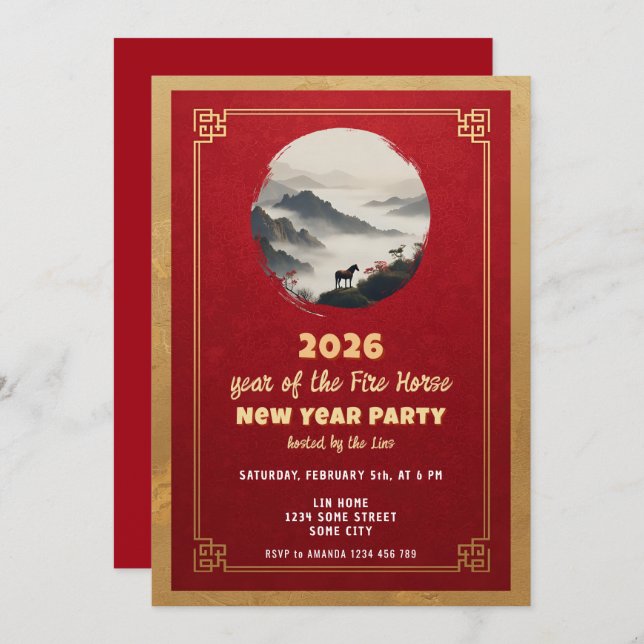 Convite Chinese New Year 2026 Horse New Year Party (Frente/Verso)