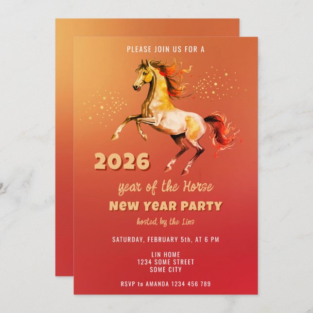 Convite Chinese New Year 2026 Horse New Year Party (Frente/Verso)