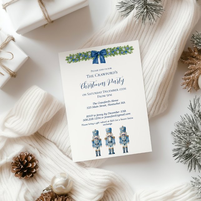 Convite Chinoiserie Azul e Branco Noelhão Natal  (Blue Nutcracker Christmas Party Invitation)