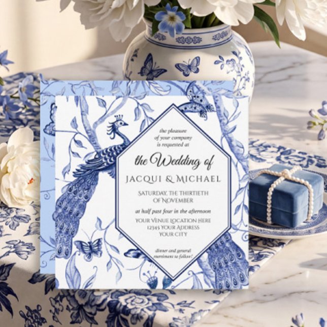 Convite Chinoiserie Azul-Marinho Pavão Borboleta Hexágono (Criador carregado)