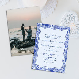 Convite Chinoiserie Azul Moderna com Casamento Fotográfico
