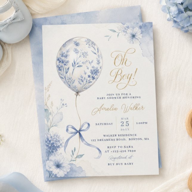 Convite Chinoiserie Balão Azul Shower de Bebê Menino (Criador carregado)