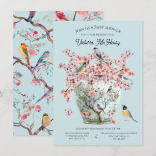 Convite Chinoiserie Birds Cherry Blossoms Chá de fraldas V