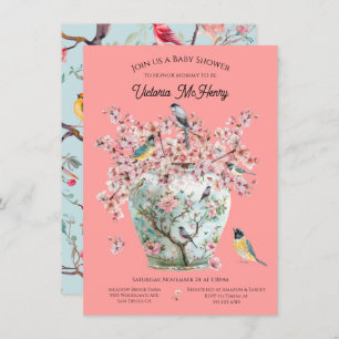 Convite Chinoiserie Birds Cherry Blossoms Chá de fraldas V
