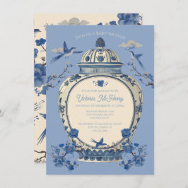 Convite Chinoiserie Birds Floral Jar Chá de fraldas