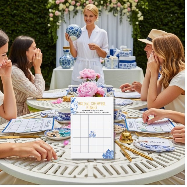 Convite Chinoiserie Blue Willow Jogo de Bingo para Chá de  (Chinoiserie Blue Willow Bridal Shower Bingo game)