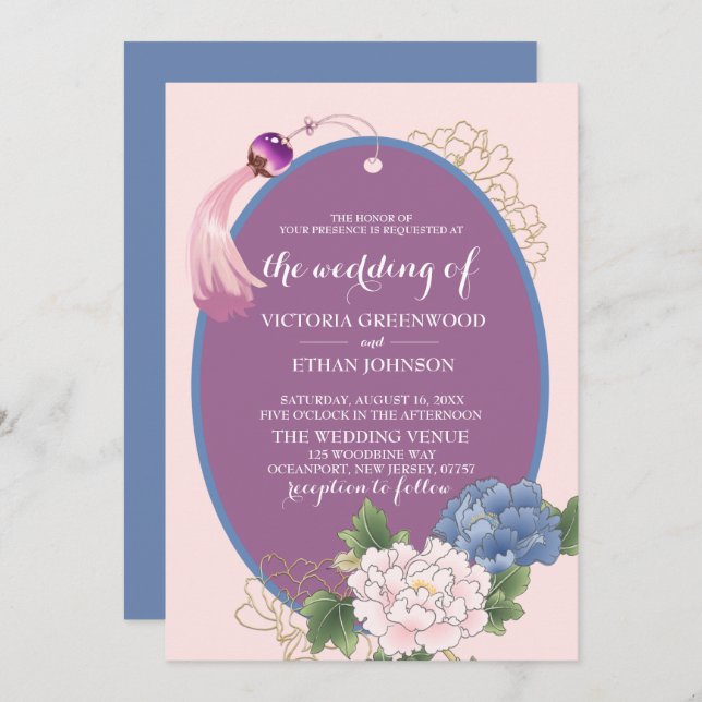 Convite Chinoiserie Chic Peonies & Tassel Weding Invitati (Frente/Verso)