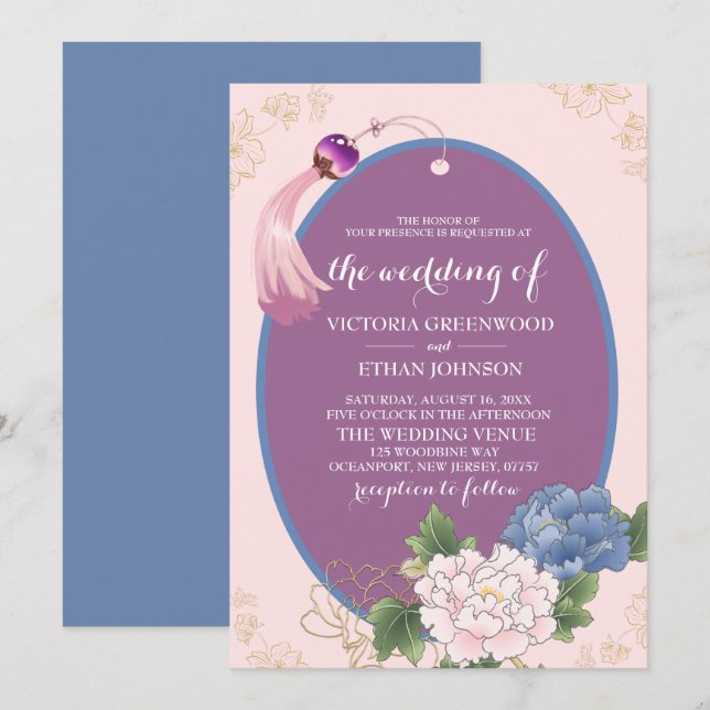 Convite Chinoiserie Chic Peonies & Tassel Weding Invitati (Frente/Verso)