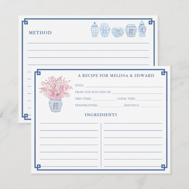 Convite Chinoiserie Chic Pink e Blue Recipiente Card (Frente/Verso)