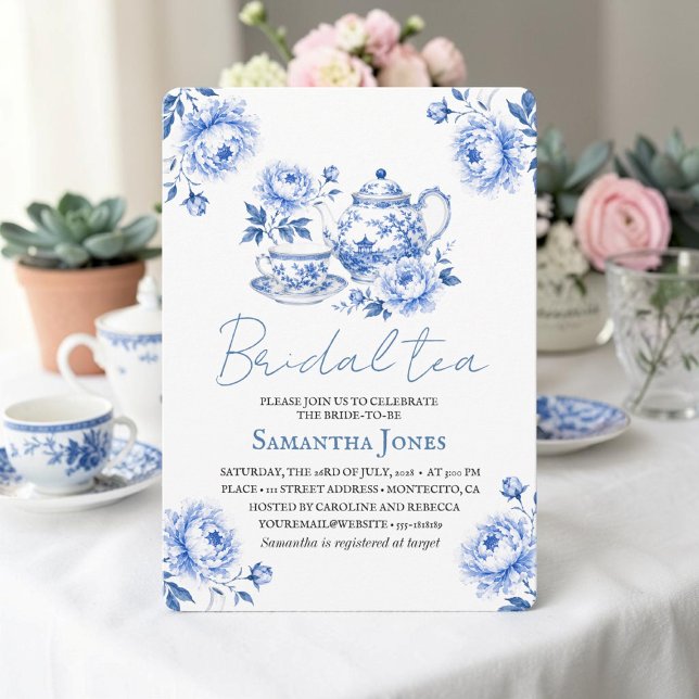Convite Chinoiserie Floral Azul Buquê de Chá para Chá de N (Criador carregado)