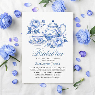 Convite Chinoiserie Floral Azul Buquê de Chá para Chá de N