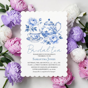 Convite Chinoiserie Floral Azul Buquê de Chá para Chá de N