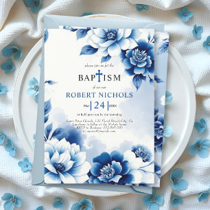 Convite Chinoiserie floral azul, lavagem a aquarelas Bapti
