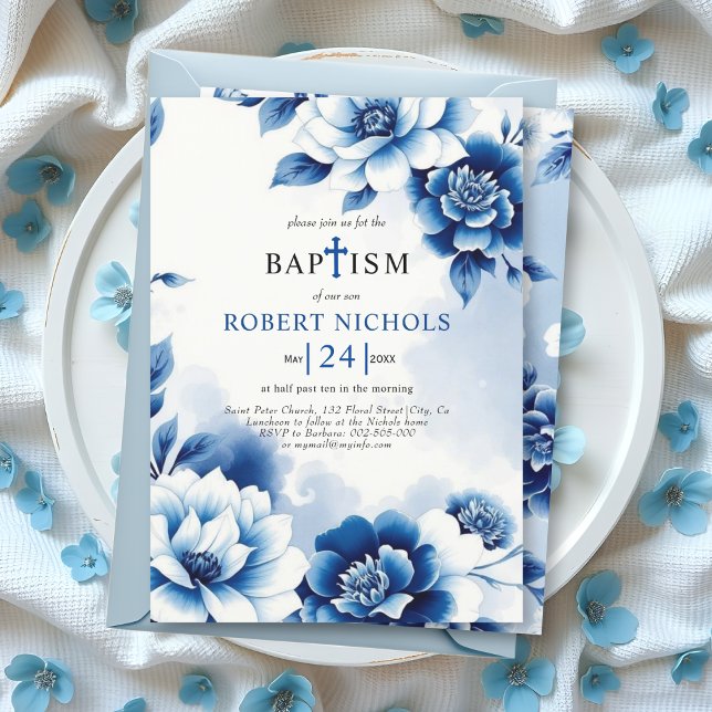 Convite Chinoiserie floral azul, lavagem a aquarelas Bapti (Criador carregado)