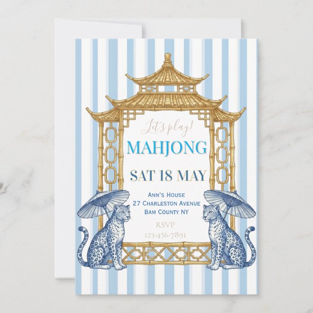 Convite Chinoiserie Mahjong Party Blue  (Frente)