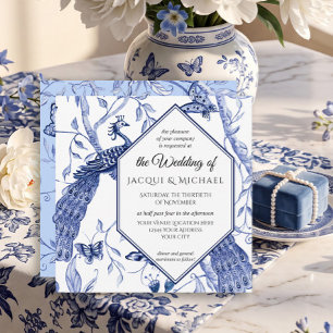 Convite Chinoiserie Marinho Blue Peacock Butterfly Hexagon
