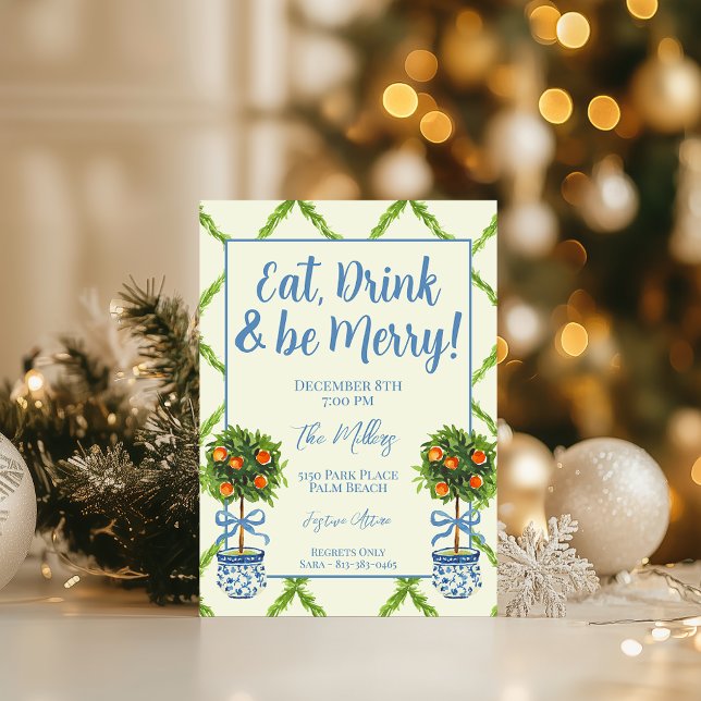 Convite Chinoiserie Orange Citrus Topiary Festa de Natal (Criador carregado)