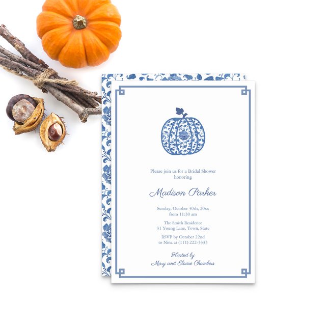 Convite Chinoiserie Pumpkin Azul E Chá de panela Branco (Watercolor Blue And White Chinoiserie Pattern Bridal Shower Party Invitation)