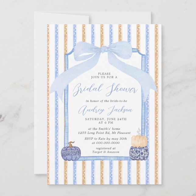 Convite Chinoiserie Pumpkin & Blue Bow Fall Bridal Shower (Frente)