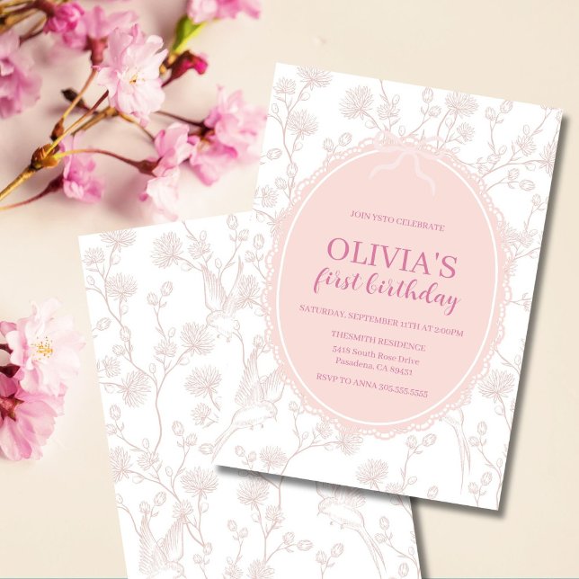 Convite Chinoiserie Rosa Aniversário de 1 ano (Elegant pink chinoiserie birthday invitation, perfect for a girl’s first or any age party.)